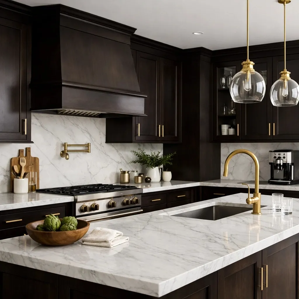 Dark Espresso Cabinets with White Marble Finish