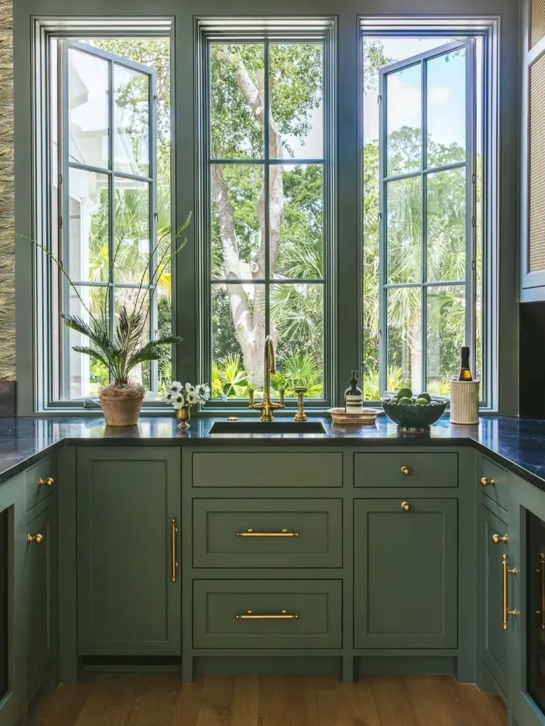 Dark Green Kitchen with Tall Window Sink Area
