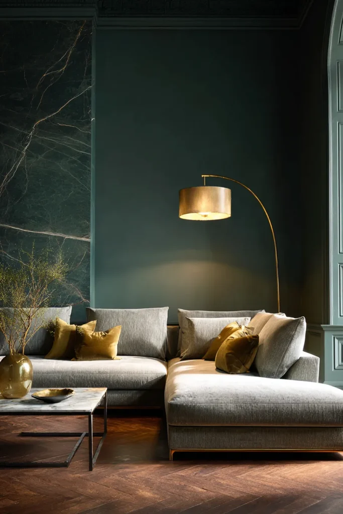 Dark Green Living Room with Gold Accents