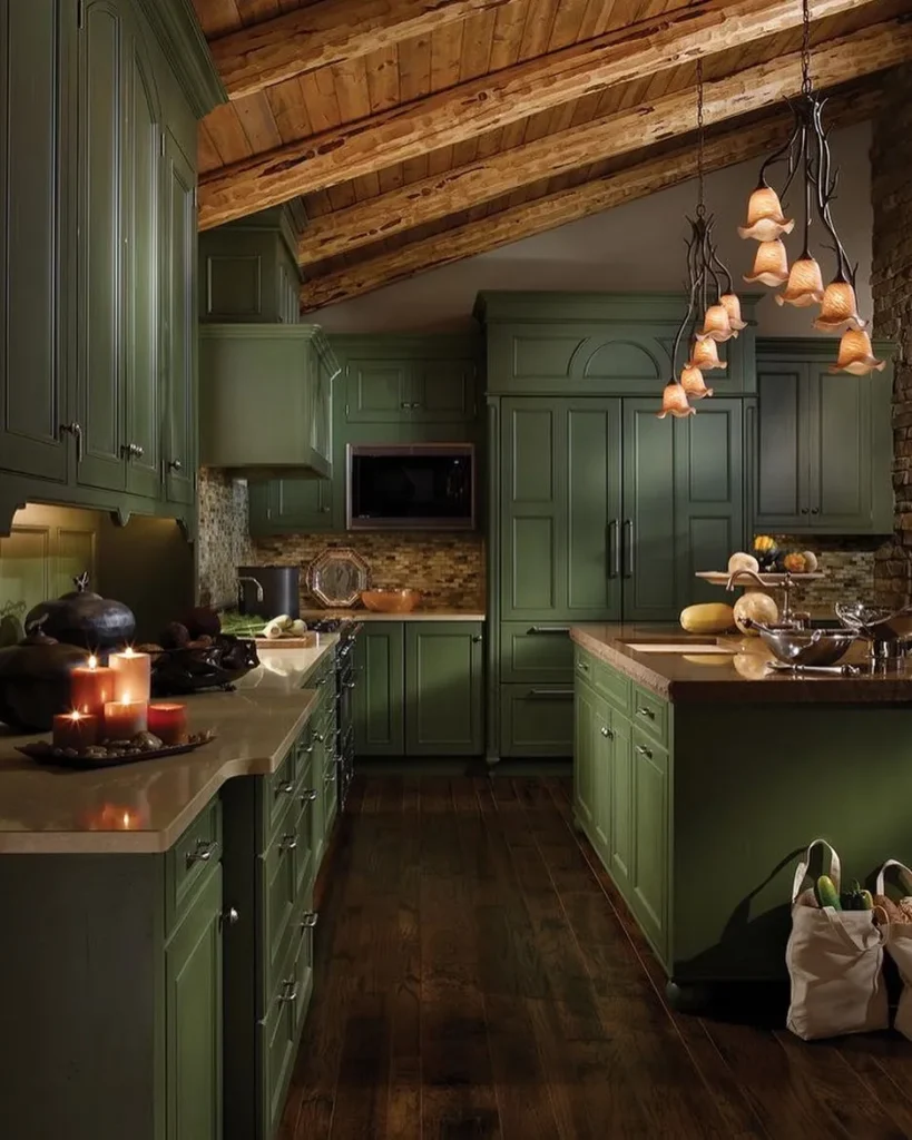 Dark Olive Kitchen with Rustic Wood Beams
