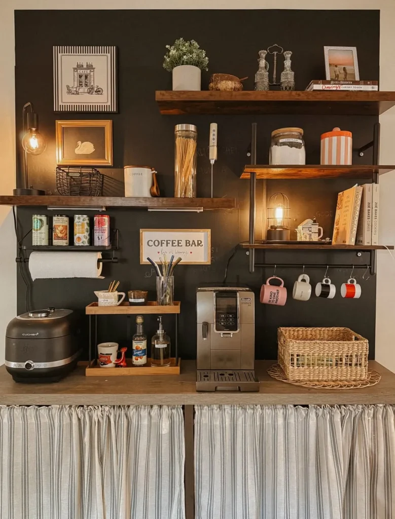 Dark Wall Coffee Station with Wood Shelving