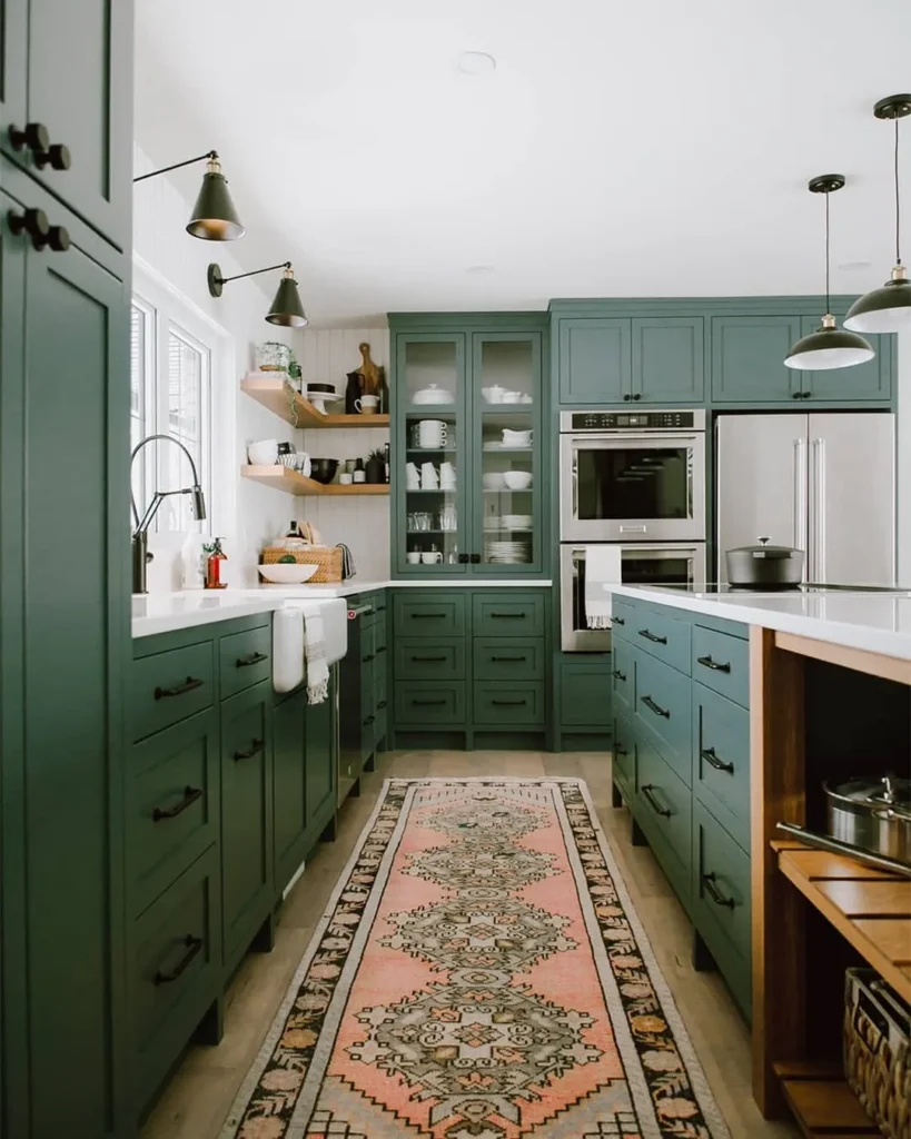 Deep Green Galley Kitchen with Runner Rug