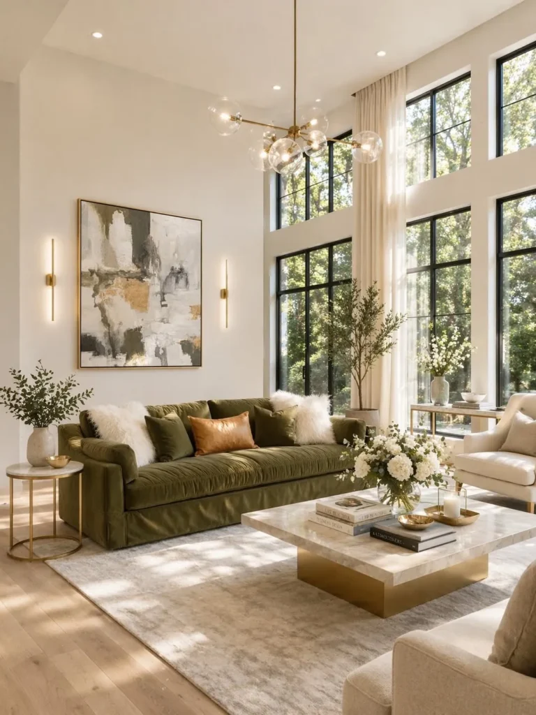Double-Height Living Room with Olive Sofa
