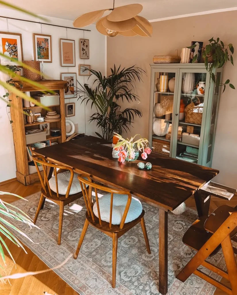 Earthy Boho Dining Room With Dark Wood Table