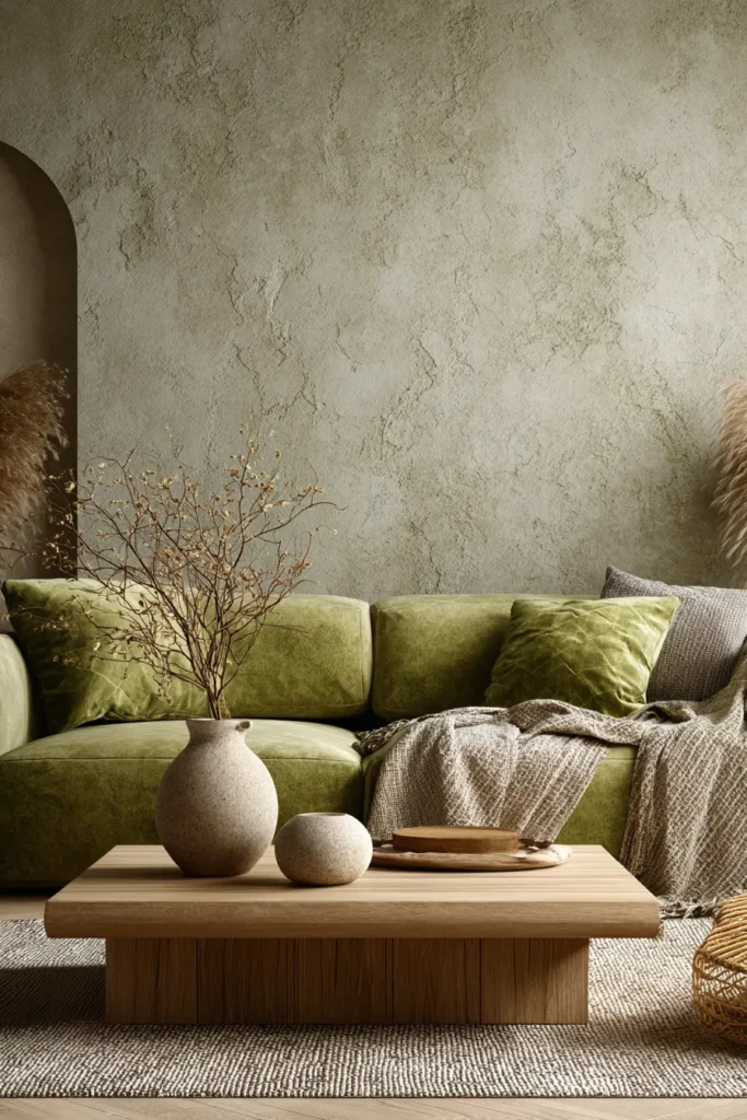 Earthy Olive Living Room with Textured Wall