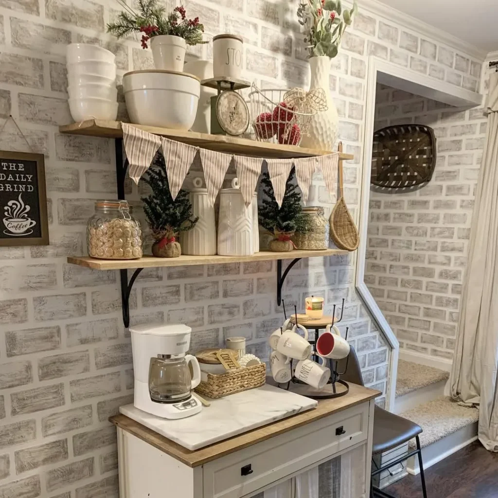 Farmhouse Coffee Nook with Open Wood Shelves