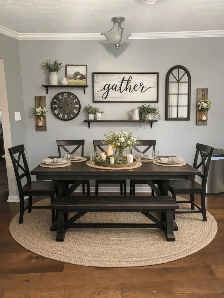 Farmhouse Dining Room Wall Decor With Gather Sign