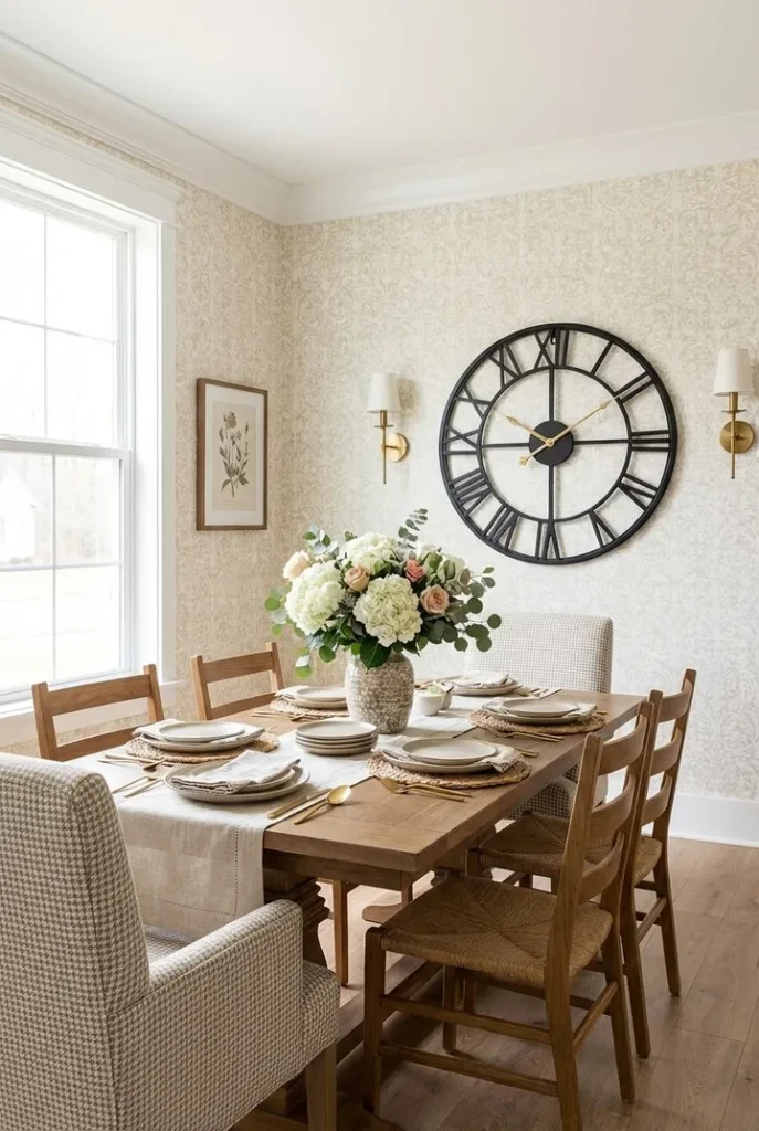 Farmhouse Dining Room With Oversized Wall Clock