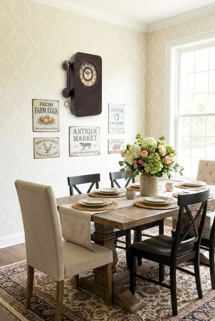 Farmhouse Dining Room With Rustic Sign Wall Decor