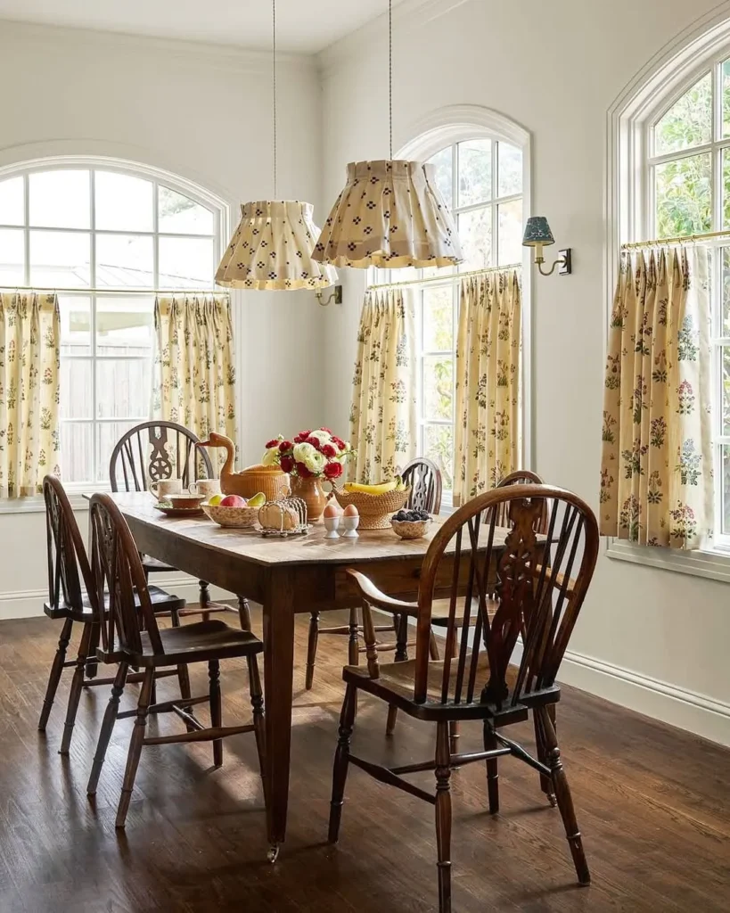 Farmhouse Dining Room with Floral Curtains