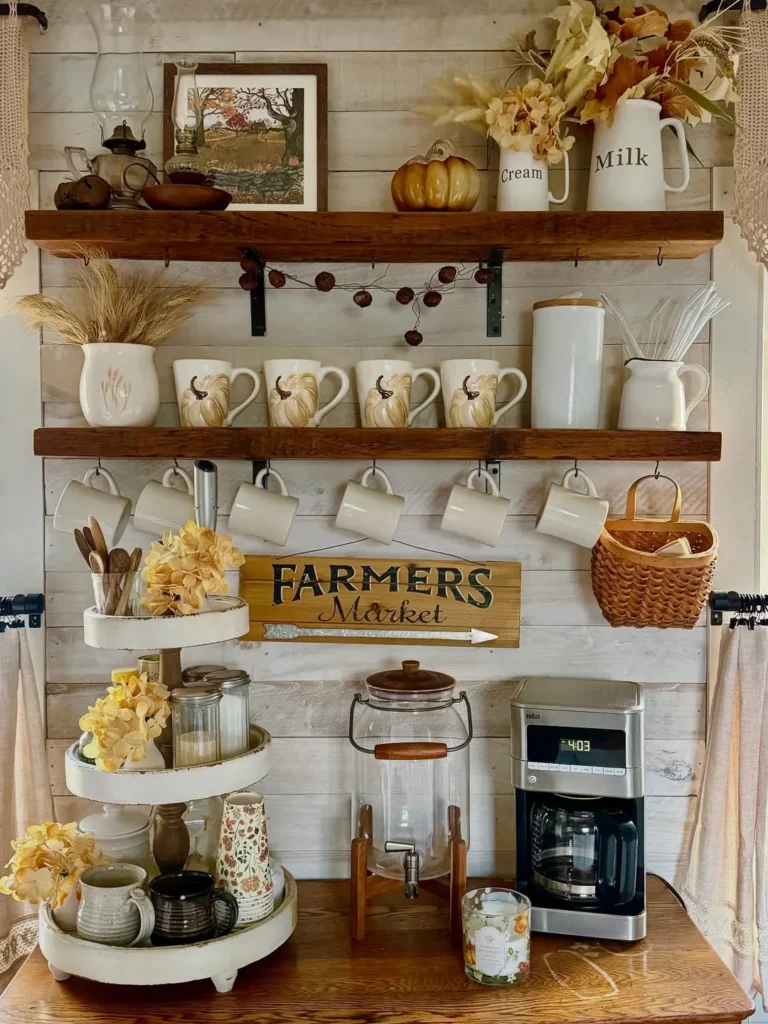 Farmhouse Drink Station with Wood Shelves