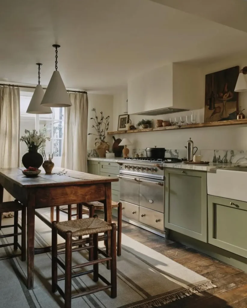 Farmhouse Green Kitchen with Wood Table