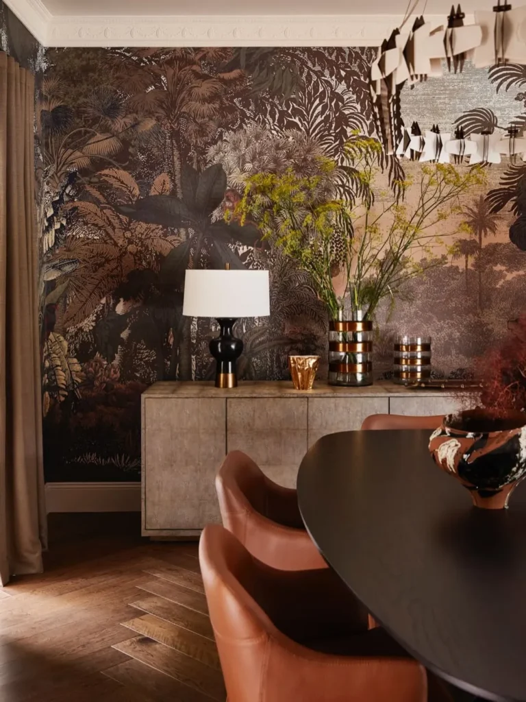 Floral Dining Room Wallpaper With Gold Mirror