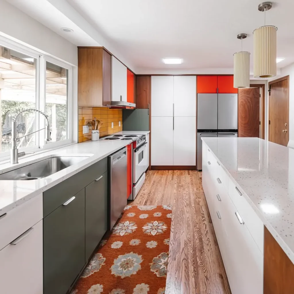 Galley Style Kitchen with Bold Mid Century Color