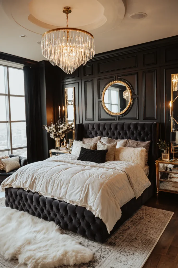Glam Black Bedroom with Crystal Chandelier
