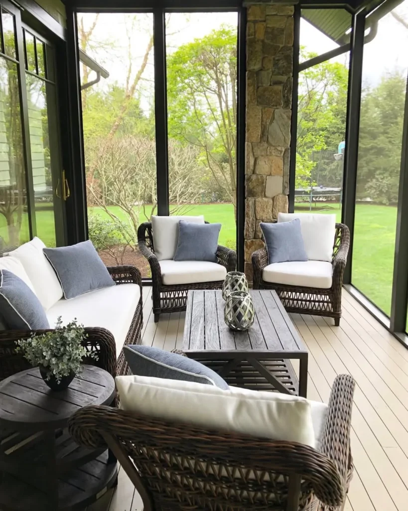 Glass Wall Porch with Blue Cushion Seating