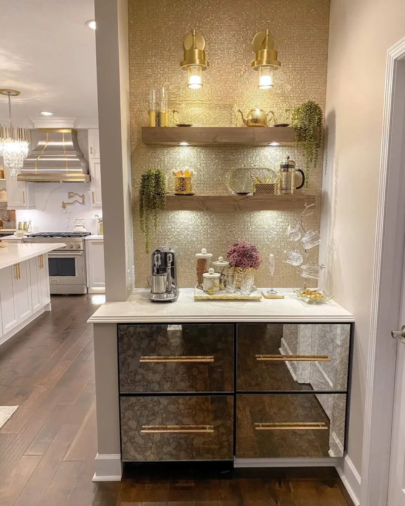 Gold Accent Coffee Bar with Floating Shelves