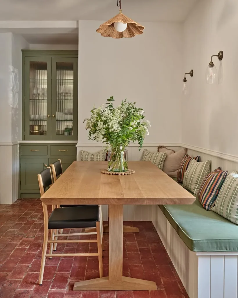 Green Bench Seating with a Rustic Farmhouse Table