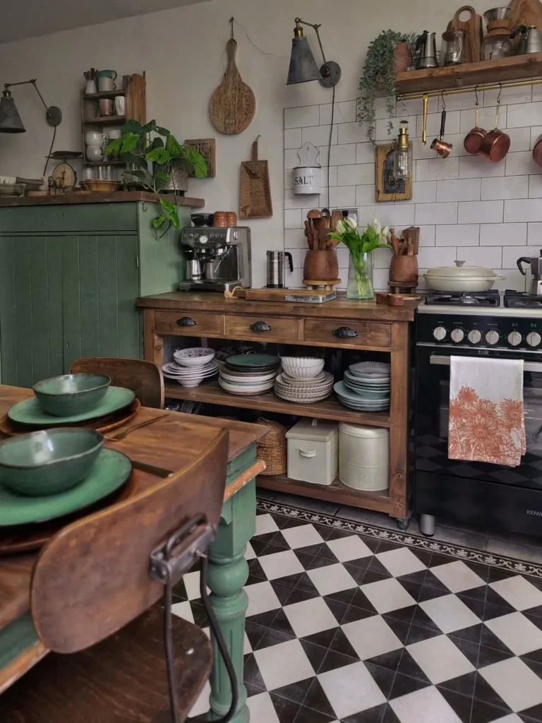 Green Cottage Kitchen with Rustic Prep Table