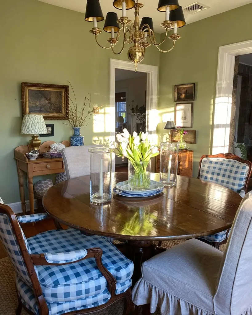 Green Dining Room with Round Wood Table