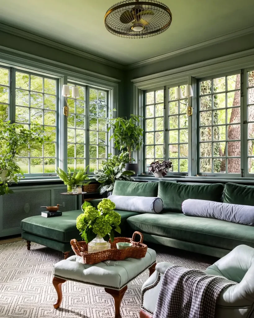 Green Sunroom with Velvet Sectional