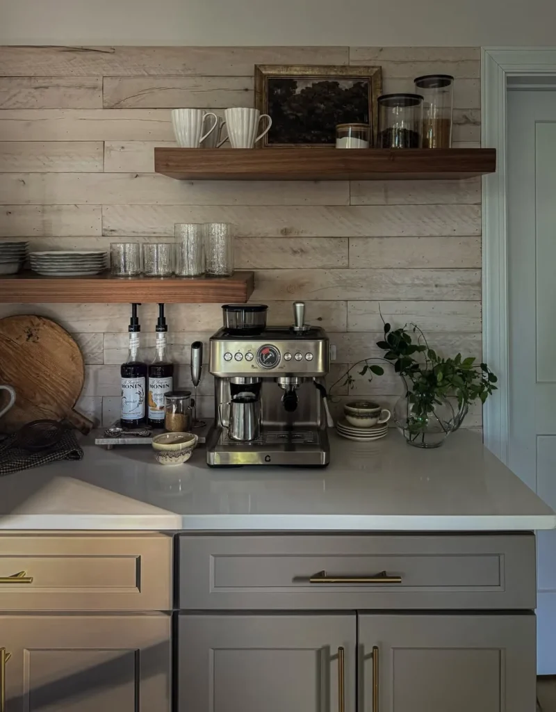 Grey Cabinet Coffee Station with Rustic Shelves