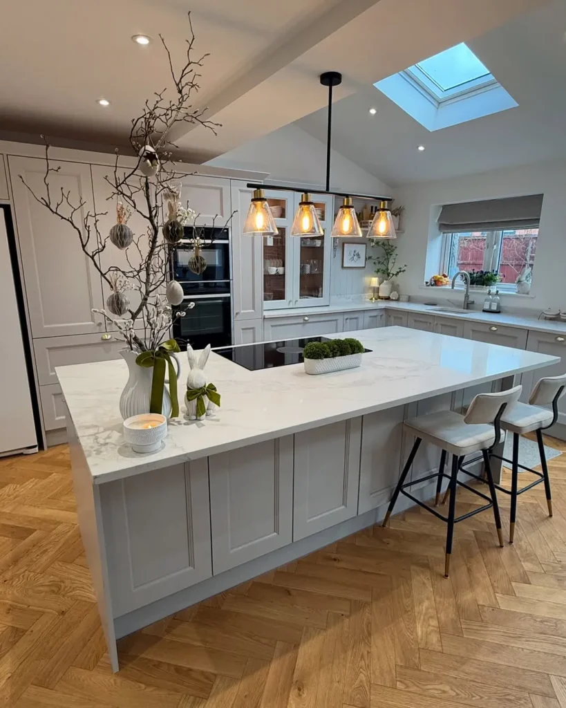 Grey Kitchen Island with Herringbone Floor