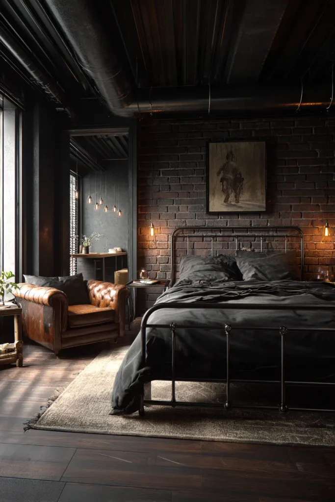 Industrial Black Bedroom with Brick Wall