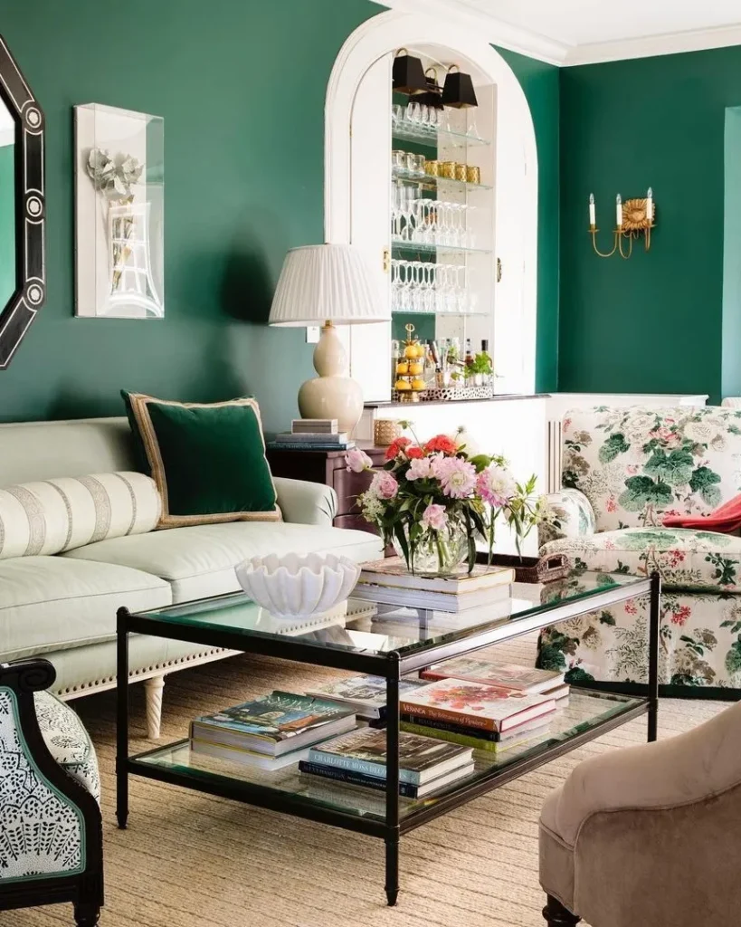 Jewel-Tone Green Living Room with Floral Touches