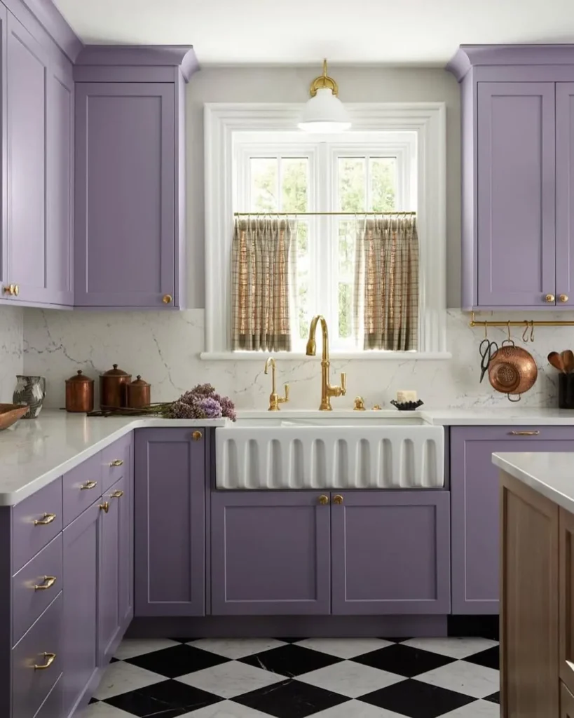 Lavender Kitchen Cabinets with Gold Accents