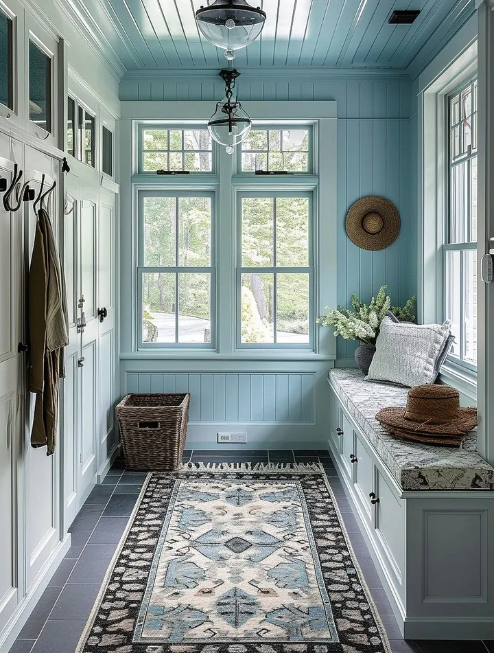 Light Blue Narrow Mudroom with Long Runner Rug