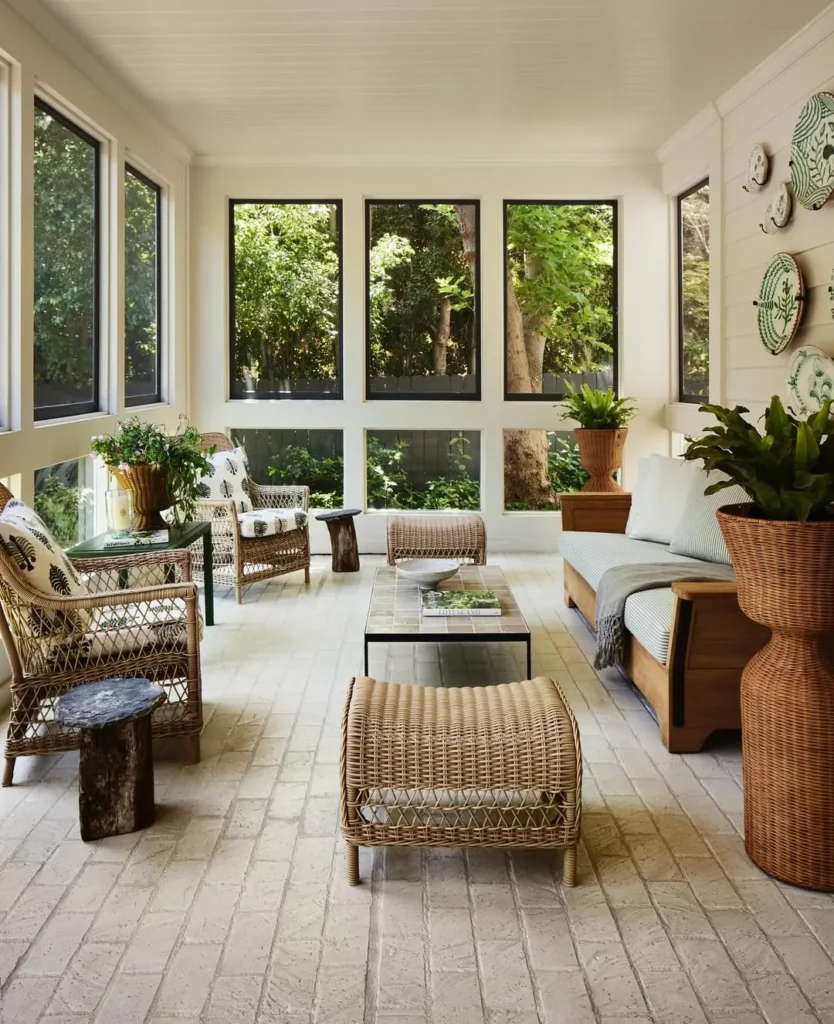 Light Brick Porch with Wicker Seating and Garden Views