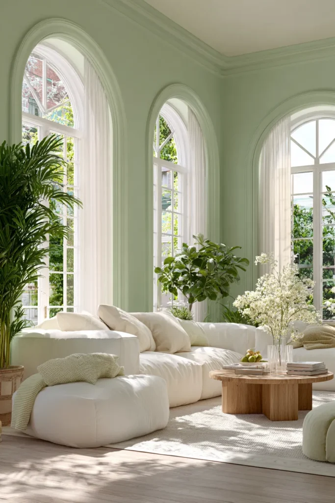 Light Green Living Room with Arched Windows
