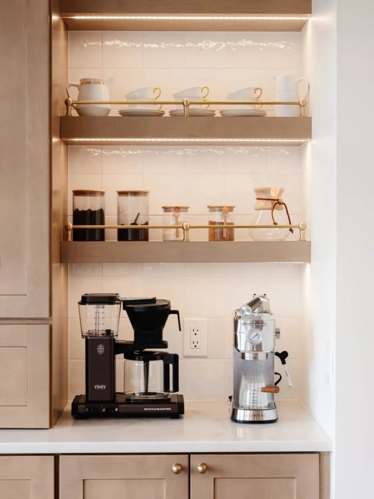 Light Wood Coffee Bar with Brass Shelf Rails