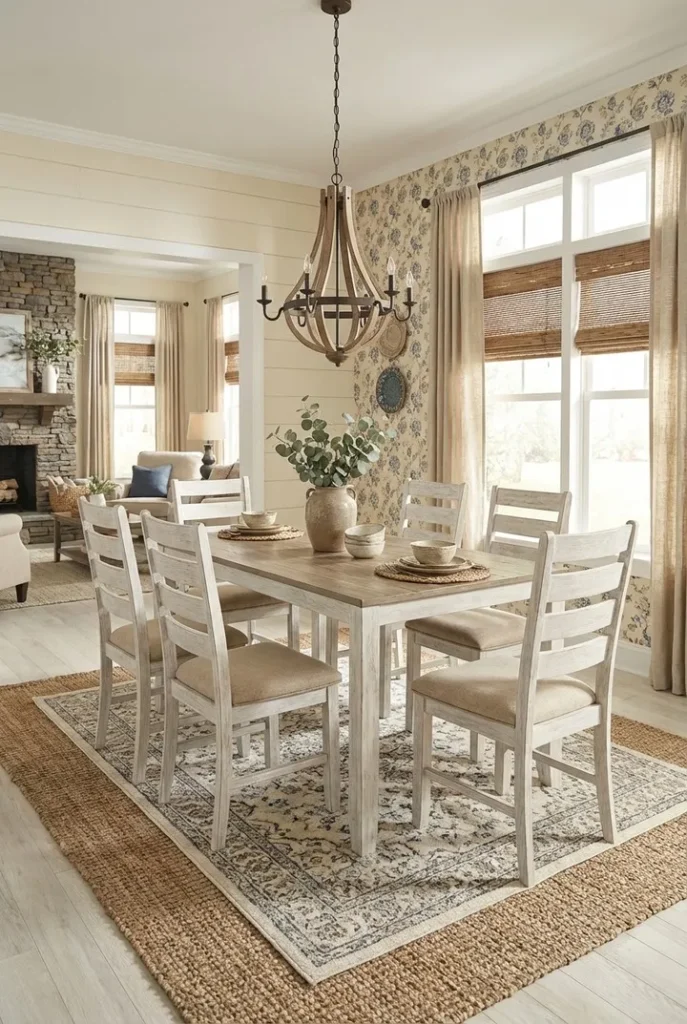 Light Wood Dining Set with Floral Accent Wall