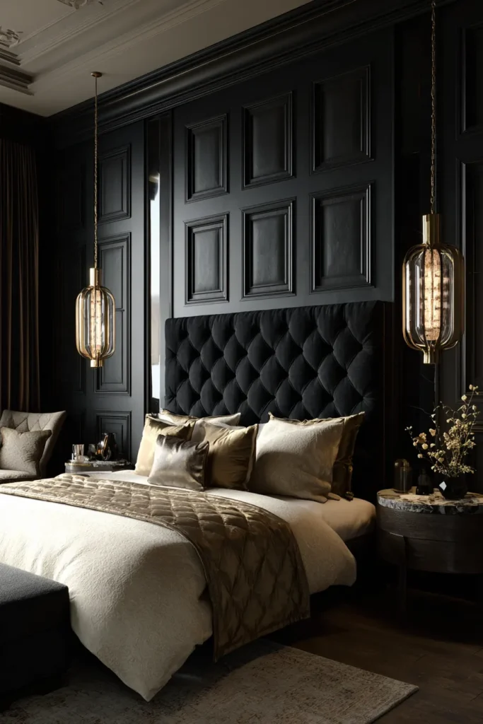 Luxe Black Bedroom with Tufted Headboard