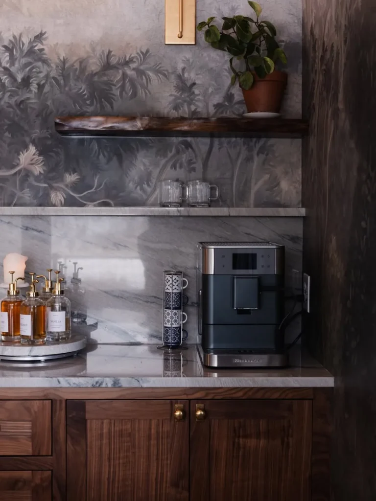 Marble Counter Coffee Nook with Walnut Cabinets