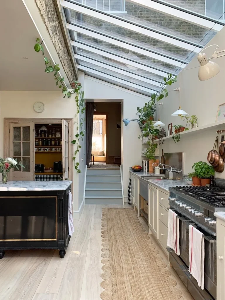Marble Galley Kitchen Under a Glass Roof