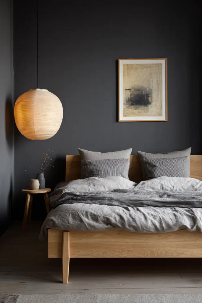 Minimal Black Bedroom with Paper Lantern