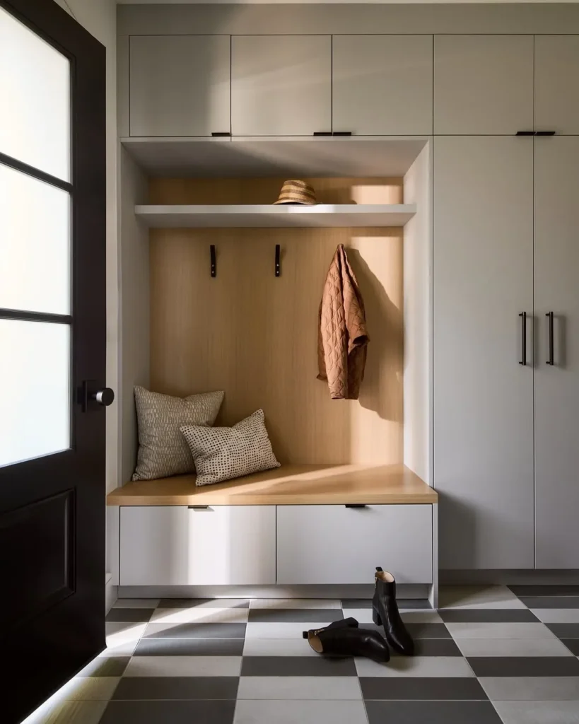 Minimal Full-Wall Storage with Bench Nook