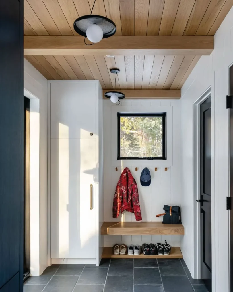 Minimal Mudroom with Wood Ceiling