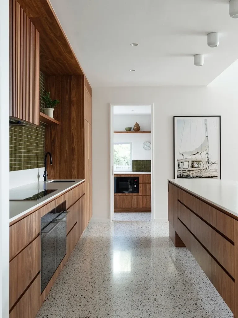 Minimal Walnut Kitchen with Terrazzo Floor