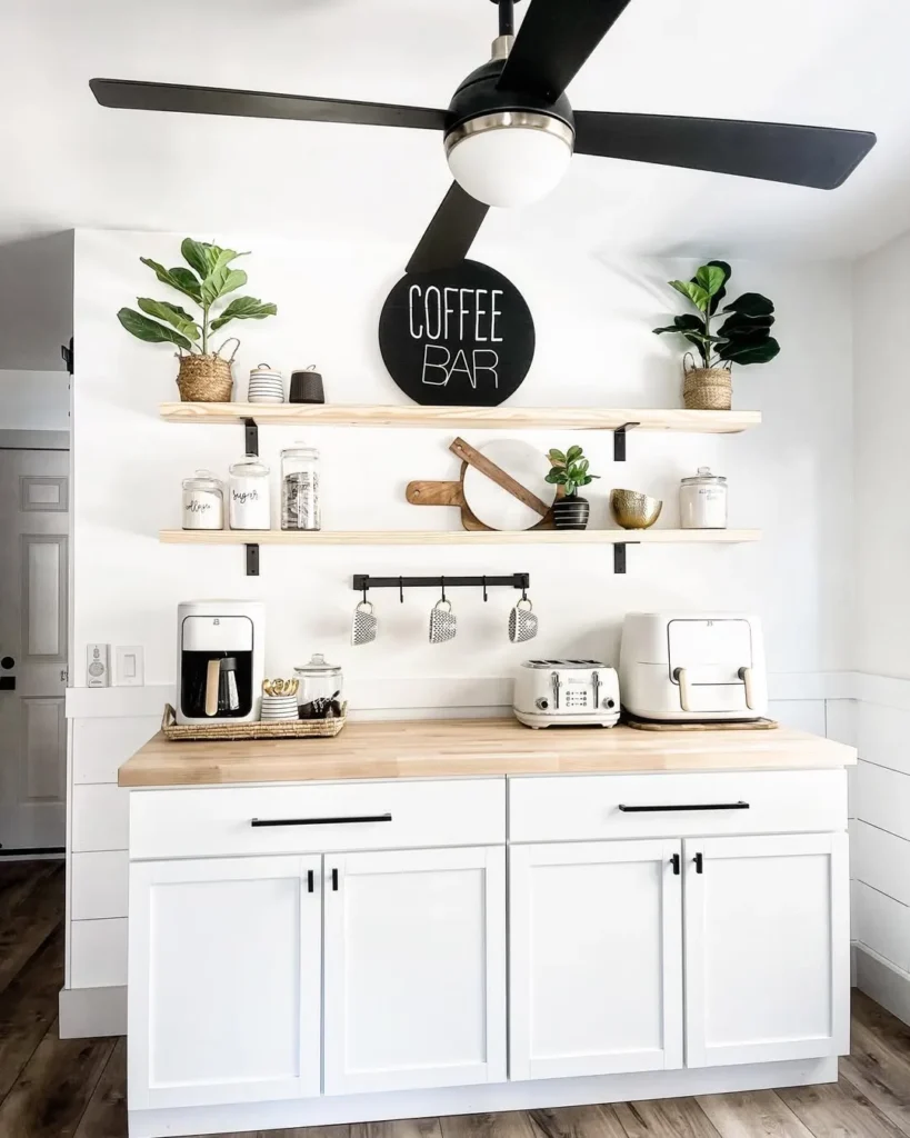 Minimal White Coffee Bar with Floating Shelves