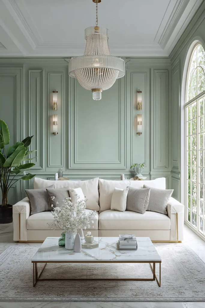 Mint Panelled Living Room with Crystal Chandelier