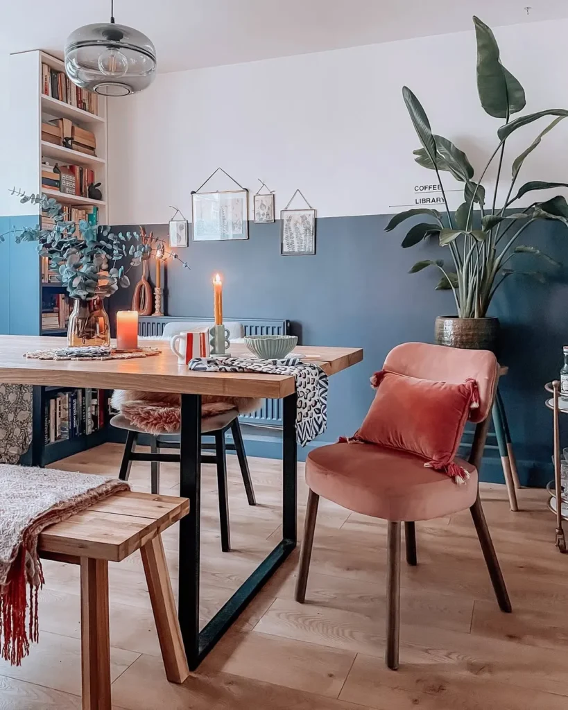 Modern Boho Dining Corner With Blue Accent Wall