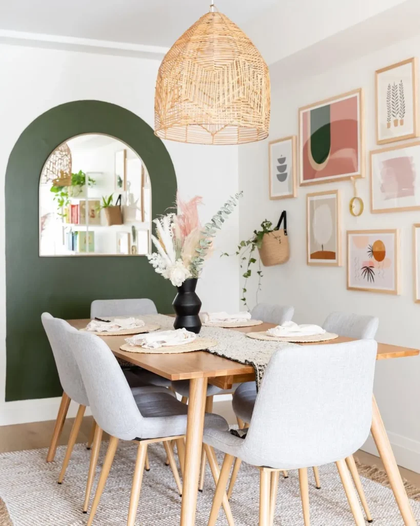 Modern Boho Dining Room With Green Arch Wall