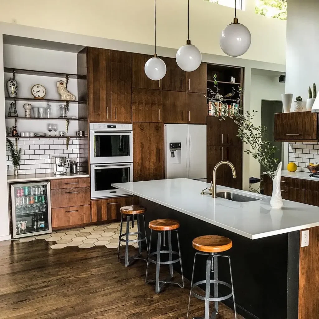 Modern Kitchen with Walnut Cabinets and White Island
