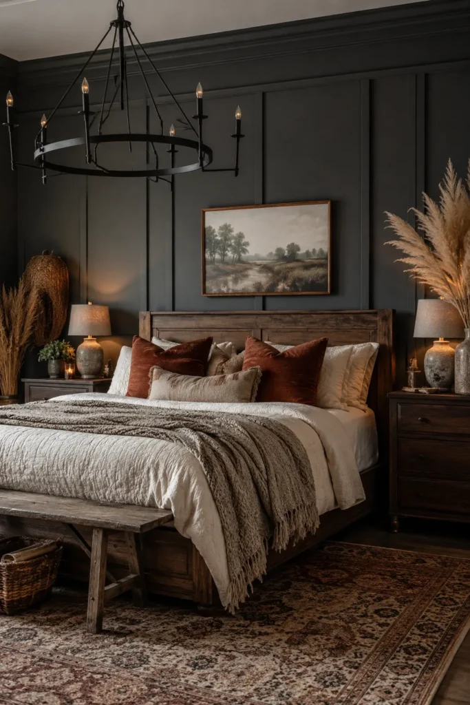 Moody Black Boho Farmhouse Bedroom