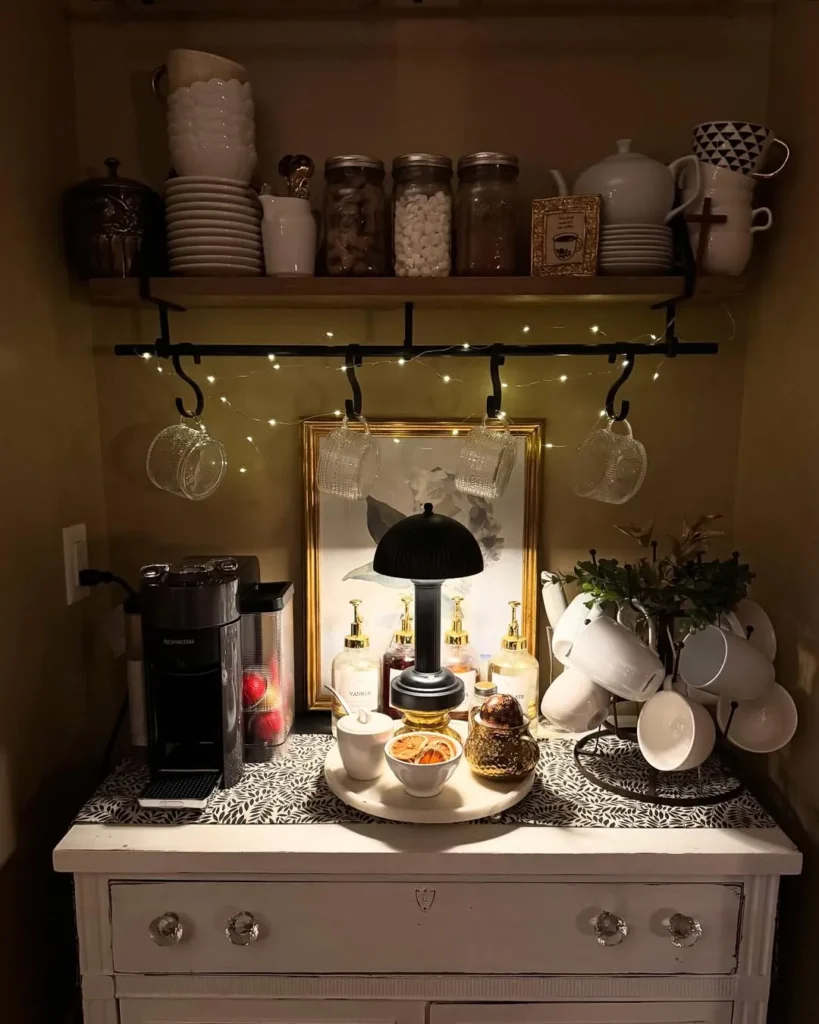 Moody Coffee Corner with Mug Rail Lighting