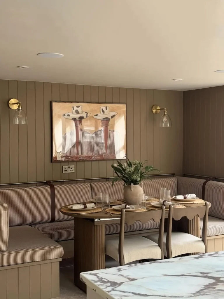 Moody Corner Banquette in Warm Taupe Stripes